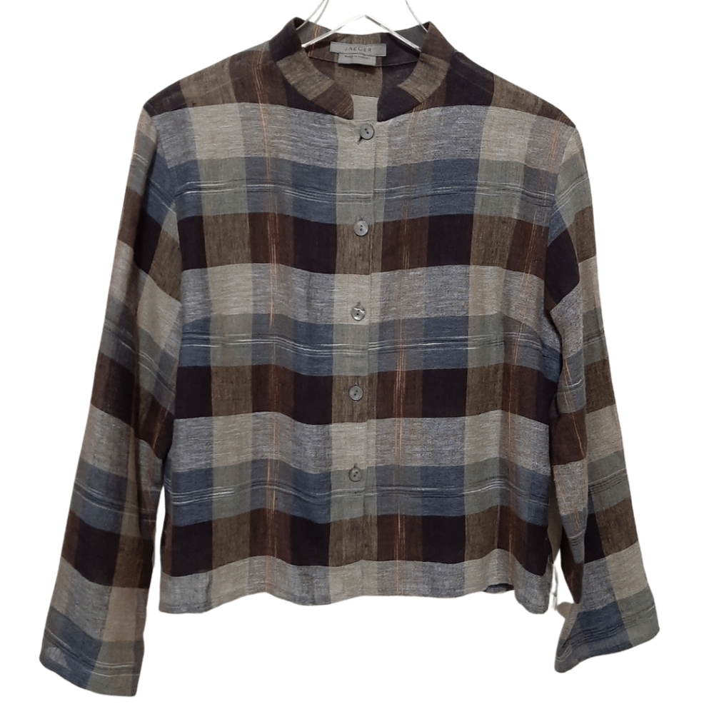 Jaeger Flax Linen Plaid Button Front Shirt Size Medium